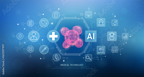 Human erythrocyte translucent with medical network icons. Artificial intelligence in health care technology. Innovation in digital health smart medical diagnostics. Vector.