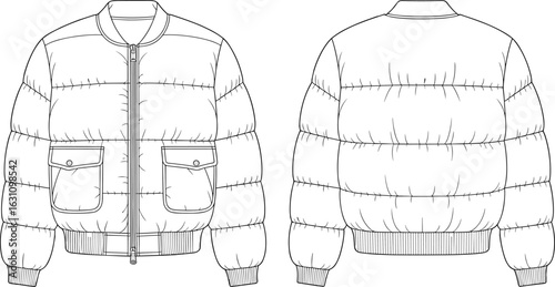 Puffer jacket technical sketch, fashion CAD drawing, winter outerwear design template, flat vector front and back view illustration
