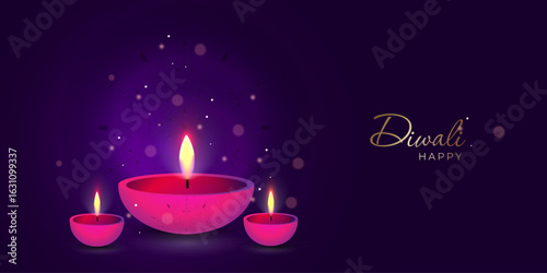 Happy Diwali! Three pink diyas shine on a purple sky. Indian Festival of Lights. Celebratory and elegant, perfect for greetings.