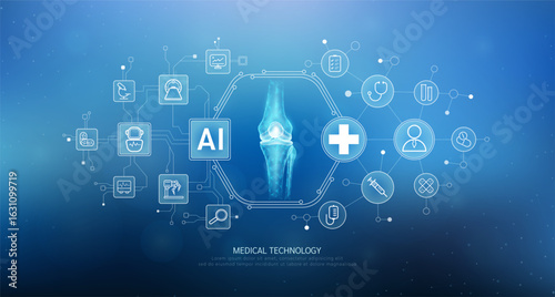 Human knee joint bone translucent with medical network icons on blue background. Artificial intelligence (AI) in health care technology. Innovation in digital health smart medical diagnostics. Vector.