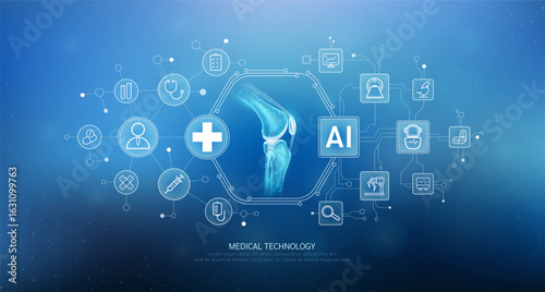Human knee joint bone translucent with medical network icons on blue background. Artificial intelligence (AI) in health care technology. Innovation in digital health smart medical diagnostics. Vector.