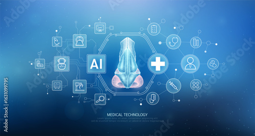 Human nose translucent with medical network icons on blue background. Artificial intelligence (AI) in health care technology. Innovation in digital health smart medical diagnostics. Vector.