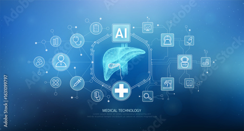 Human liver translucent with medical network icons on blue background. Artificial intelligence (AI) in health care technology. Innovation in digital health smart medical diagnostics. Vector.
