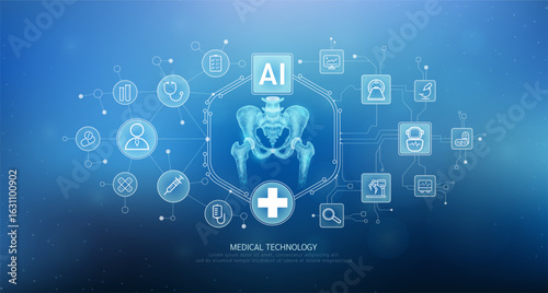 Human pelvis joint translucent with medical network icons on blue background. Artificial intelligence (AI) in health care technology. Innovation in digital health smart medical diagnostics. Vector.