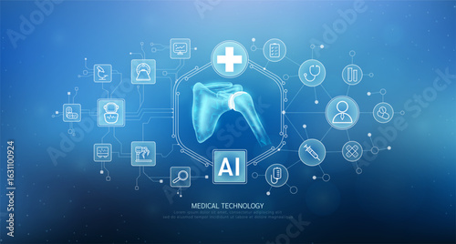 Shoulder joint bone translucent with medical network icons on blue background. Artificial intelligence (AI) in health care technology. Innovation in digital health smart medical diagnostics. Vector.