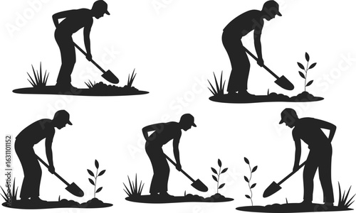Man planting trees with shovel, gardening scene, farming activity, nature care, agriculture concept, black silhouette, flat vector illustration