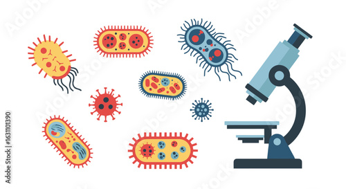 Microscopic World Exploration Detailed Illustration of Bacteria, Viruses and Microscope for Science Education and Medical Research
