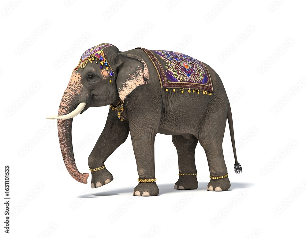 Fototapeta premium Ornate elephant, adorned with jewels and textiles, walks against a white backdrop