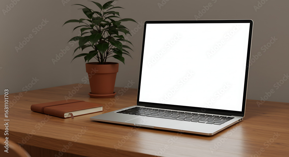 Fototapeta premium Blank Laptop on Modern Wooden Desk Workspace Mockup