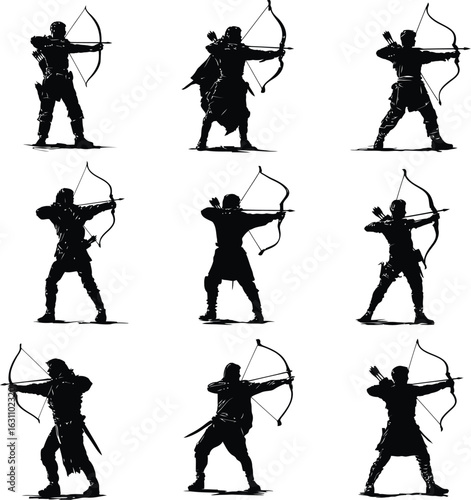 A collection of warrior archer silhouettes in various dynamic aiming poses. Set of fantasy hunter figures with bow and arrow.