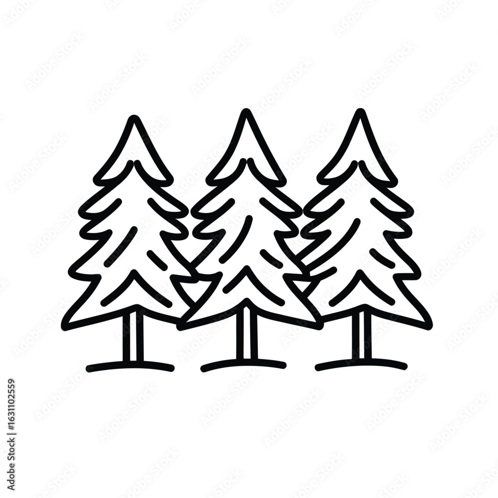 Fototapeta premium Three Evergreen Trees on Transparent Background, Outlined