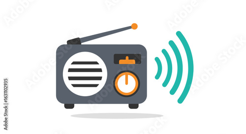 Vintage Radio Illustration with Signal Waves for Broadcast Media and Communication Designs, Ideal for podcasting, retro technology promotions, or nostalgia-themed projects.