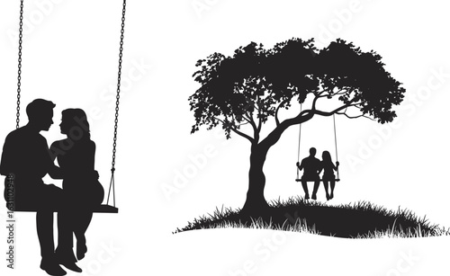 Romantic couple sitting on swing under tree, love relationship moment, sunset scene, nature background, flat vector illustration, silhouette art