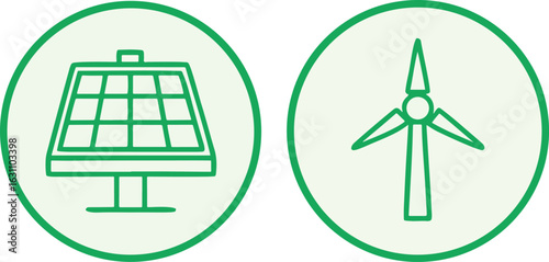 Set of renewable energy icons including solar panels and wind turbine isolated on white background