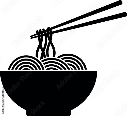 Black and white illustration of noodles in a bowl with chopsticks.