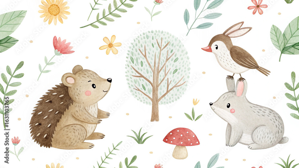 Obraz premium Watercolor woodland animals hedgehog rabbit bird tree flowers leaves cute forest illustration pattern design art