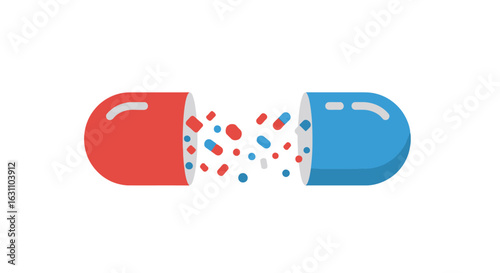 Red and Blue Capsule Illustration Depicting Medication, Treatment and Healthcare Solutions for Medical, Pharmaceutical, and Wellness Projects.