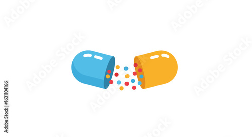 Graphic Illustration of a Capsule Pill with Colored Granules for Healthcare and Pharmaceutical Design Projects, Demonstrating Medication and Treatment Options