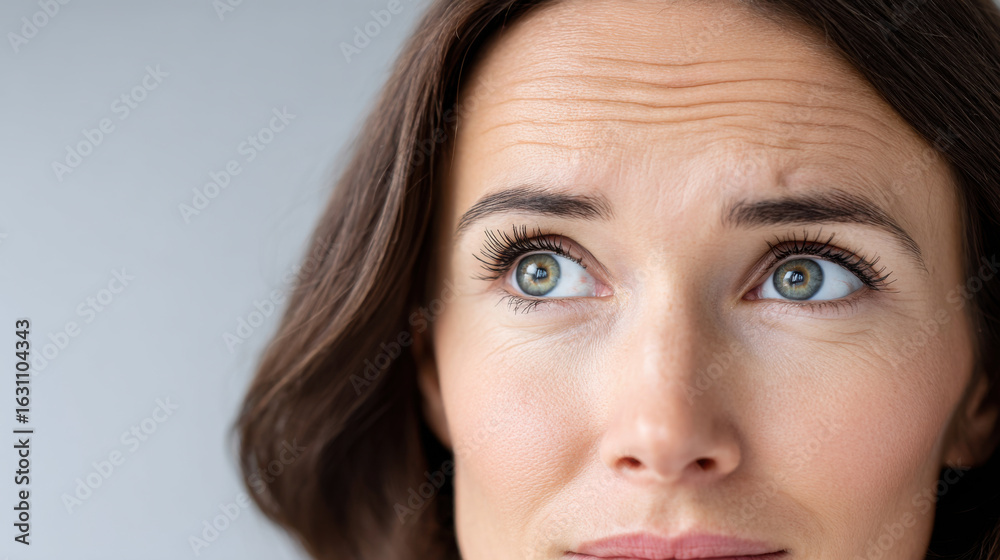 Obraz premium Worried woman face close up with forehead wrinkle and fine line. Focus on skin care and natural aging process. portrait showing emotion, concern and stress