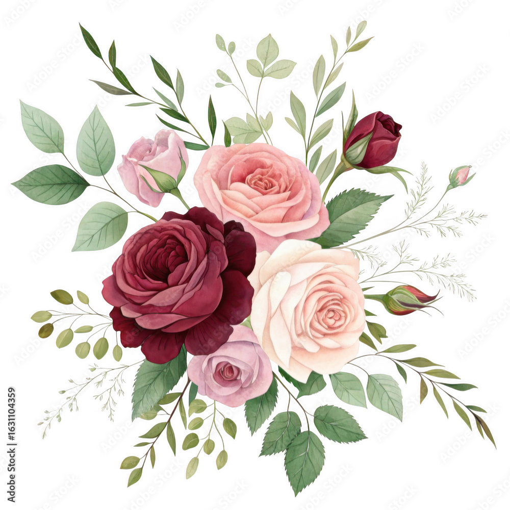 Fototapeta premium Elegant watercolor floral arrangement featuring deep red pink and cream roses with delicate green foliage isolated on transparent background