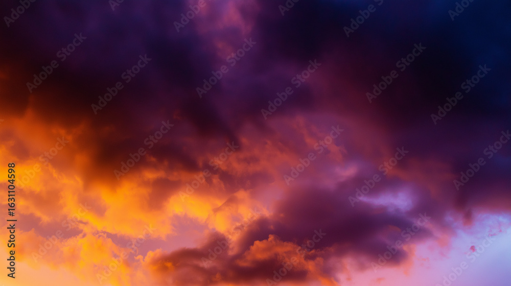 Fototapeta premium Dramatic sunrise with gradient orange and purple clouds, creating a panoramic abstract sky view.