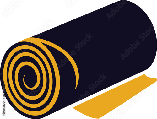 Rolled up dark blue sleeping mat with yellow trim isolated on white background