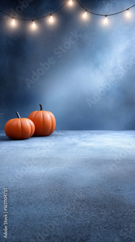 Spooky halloween pumpkin on dark studio background with autumn light. moody and mystical scene for festive celebration, with empty space and dramatic spotlighting
