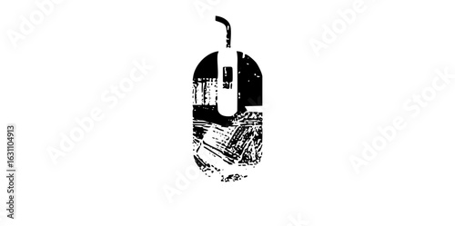 Vector Black silhouette of a computer mouse with a cityscape inside.