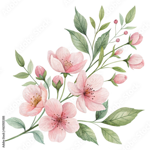 Delicate watercolor painting of blooming pink cherry blossom flowers and green leaves on a branch isolated on transparent background