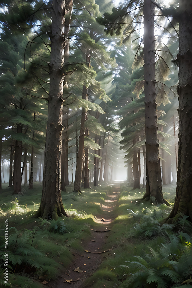 Fototapeta premium A sunlit path winds through a dense forest of tall evergreen trees, creating a serene atmosphere.