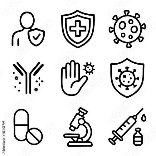 A set of doodle line icons showing immunology, immunity concepts, virus defense, antibodies, vaccines, medication, and health protection tools