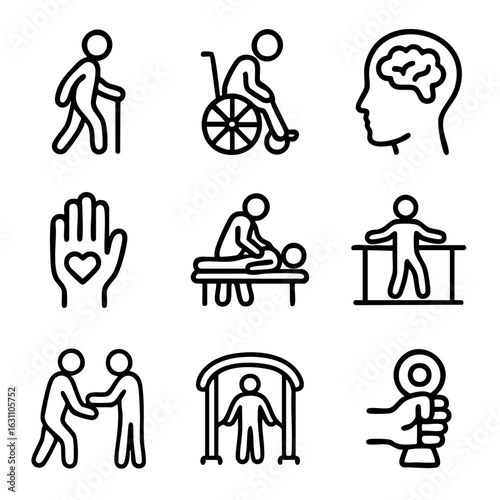 A set of doodle line icons representing rehabilitation, physical therapy, mobility aids, massage, mental health, and patient recovery support