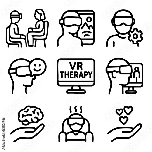 A set of doodle line icons illustrating VRT, virtual reality therapy, mental health support, virtual sessions, emotional healing, and stress relief technology