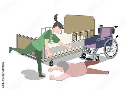 老人が介護用ベットの前で車椅子から転倒してしまった事故のイラスト