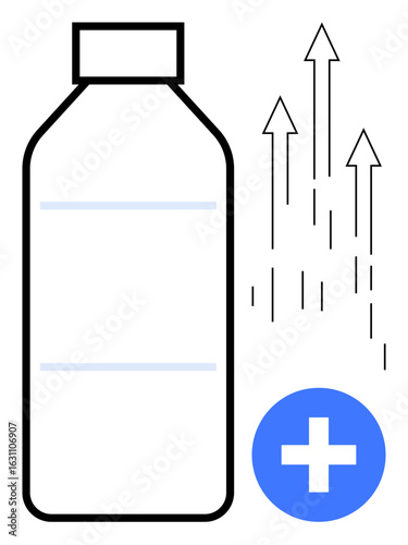 Bottle with two horizontal lines, blue plus sign, and upward-pointing arrows signifying energy boost, health, hydration, and positivity. Ideal for wellness, nutrition, fitness recovery medicine