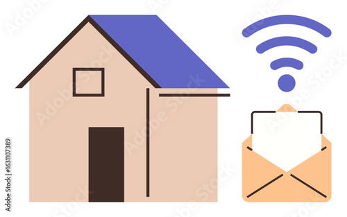 House with blue roof next to envelope and wireless waves symbolizing home automation, digital connectivity, and remote communication. Ideal for technology, IoT, innovation, email, messaging, network