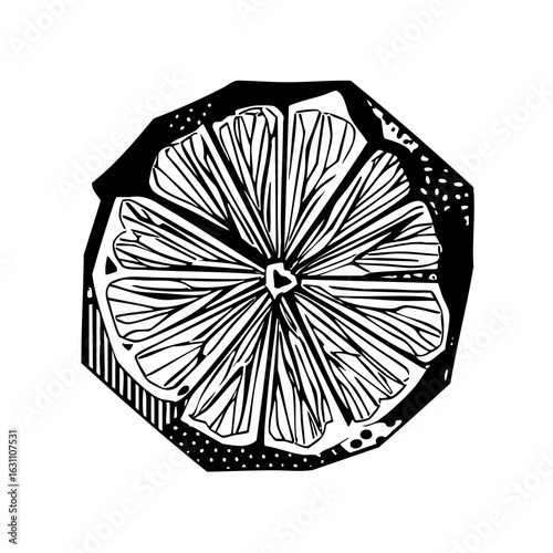 Vector Detailed citrus slice with dotted border.