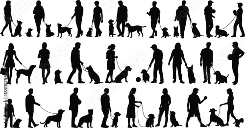 Silhouettes of people walking dogs, pet training, outdoor walk, leash control, animal care, dog owner lifestyle, flat vector illustration
