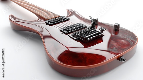 Glossy red electric guitar angled on white with metal hardware gleam
