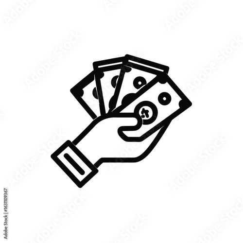 Hand Holding Three Money Bills in Black and White Outline Icon Style Design
