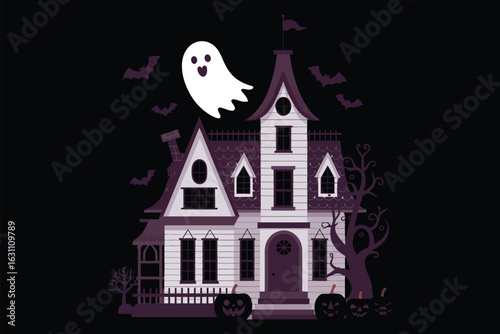 Halloween haunted house with pumpkins and ghosts on an orange background