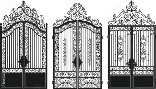 Elegant wrought iron garden gates with intricate scrollwork and vintage design, ornate black vector illustrations of luxury entrance gates.