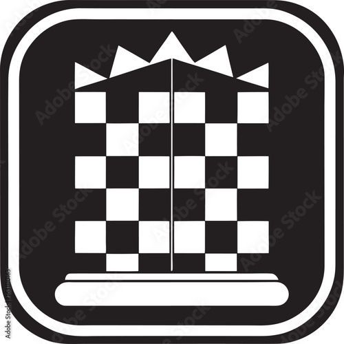 Black and white chess board icon with crown isolated on white background