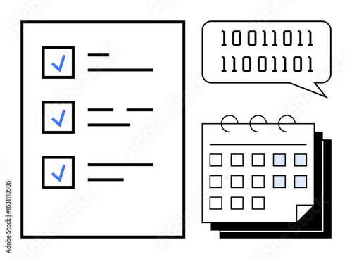 Checklist with completed tasks, calendar with highlighted dates, binary code speech bubble. Ideal for productivity, planning, organization, data, scheduling, workflow simple flat metaphor