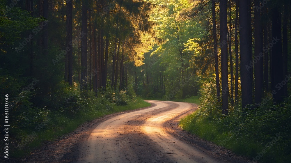 Obraz premium Winding Road Through Forest with Sunlight Filtering Through Trees