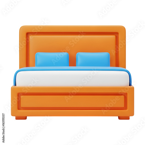 3d icon of orange and blue bed with pillows and white sheets, isolated on transparent background 3d render icon