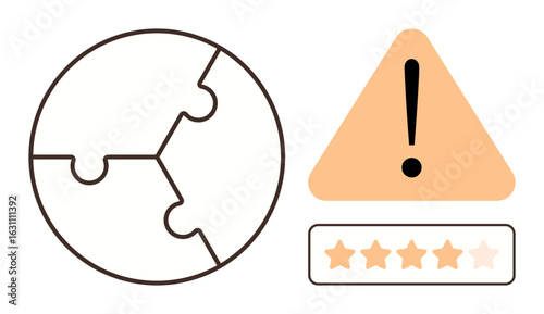 Puzzle globe signifies global issues, connected with a warning triangle and star ratings below. Ideal for problem-solving, decision-making, risk management, quality assessment, feedback, evaluation