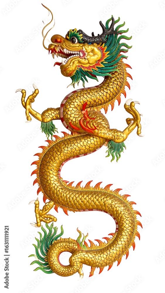 Obraz premium Ornate golden dragon, coiled, detailed scales, vibrant colors, isolated on white