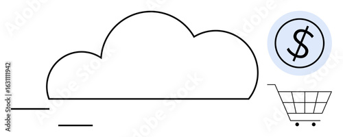 Cloud surrounded by a cart and dollar icon symbolizing e-commerce, online transactions, and tech services. Ideal for digital marketplace, cloud technology, shopping, finance, online economy, business