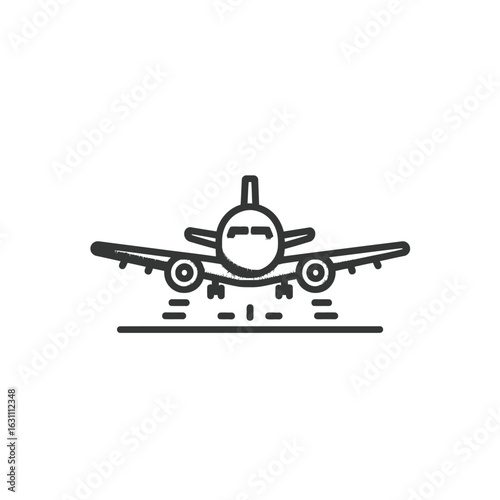 Outline Airplane Landing Gear Down on Runway Isolated on White Background